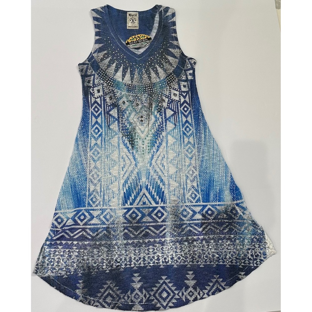 Vocal Womens Blue Tribal Print Rhinestone Embellished Tunic Top Sleeveless S NEW